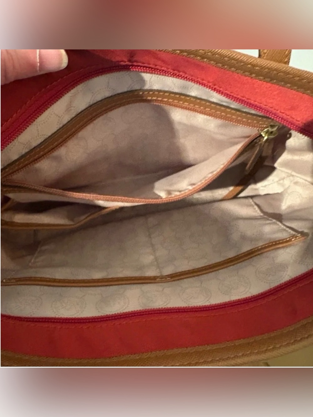 Michael Kors Kempton Beige Nylon Zippered Tote Bag Logo Large Burgandy - Picture 6 of 9